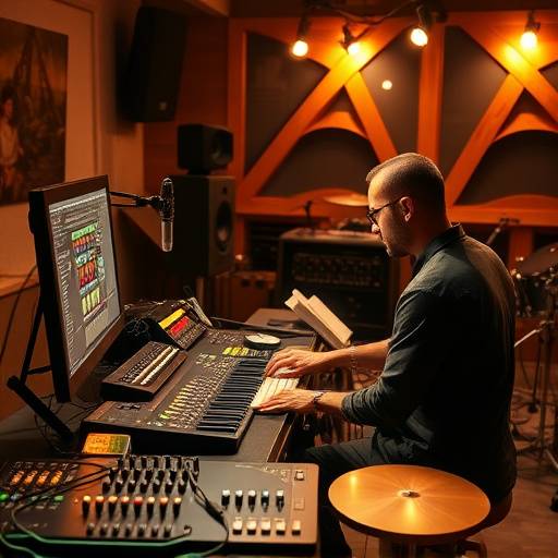 Image d'un producteur musical travaillant sur un ordinateur avec des instruments de musique autour chez Studio Mélodie Paris